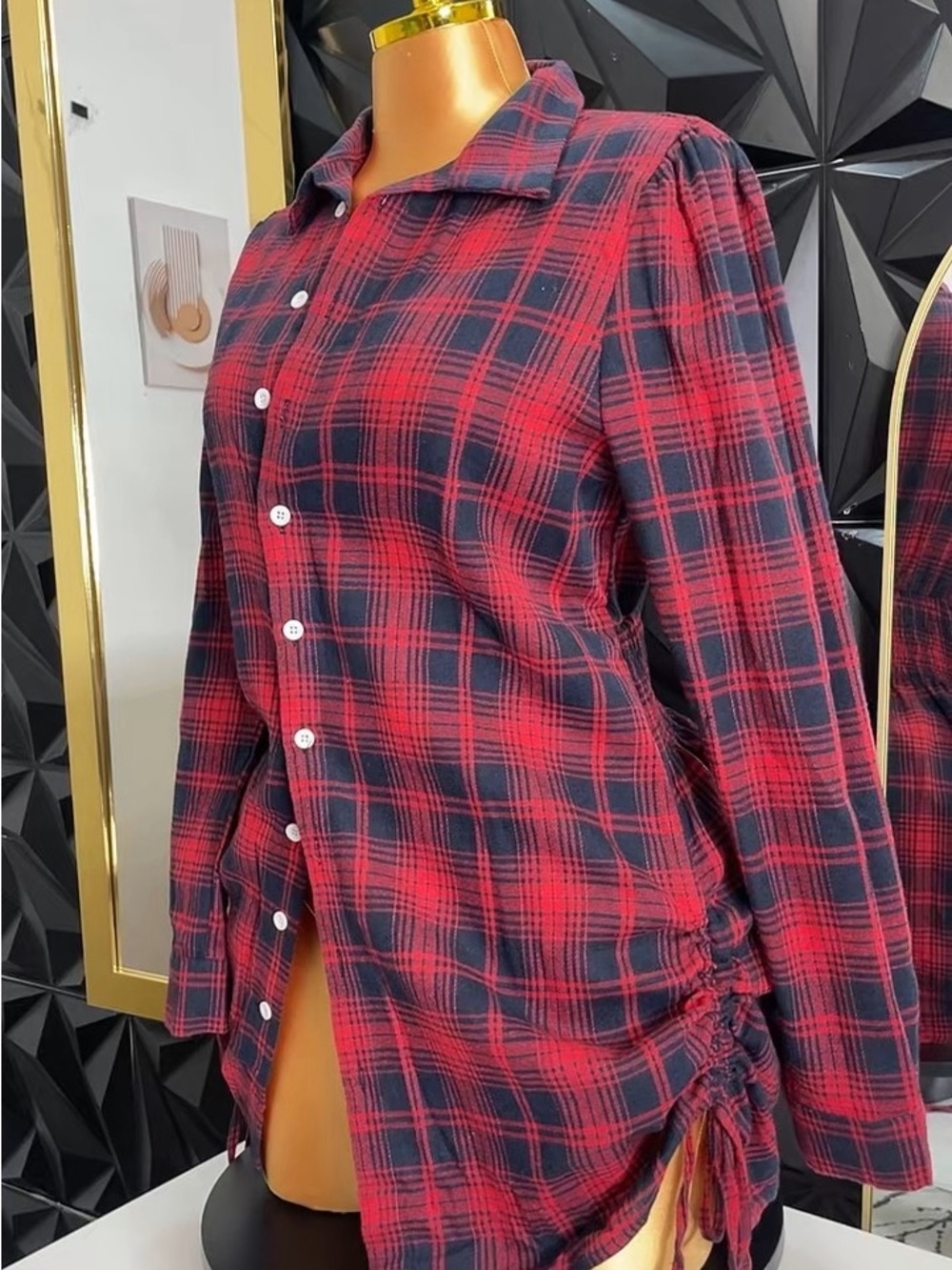 🔥👗Red Plaid Mini Dress with Button Front